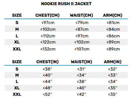 2025 Nookie Rush II Jacket 0 Größentabelle